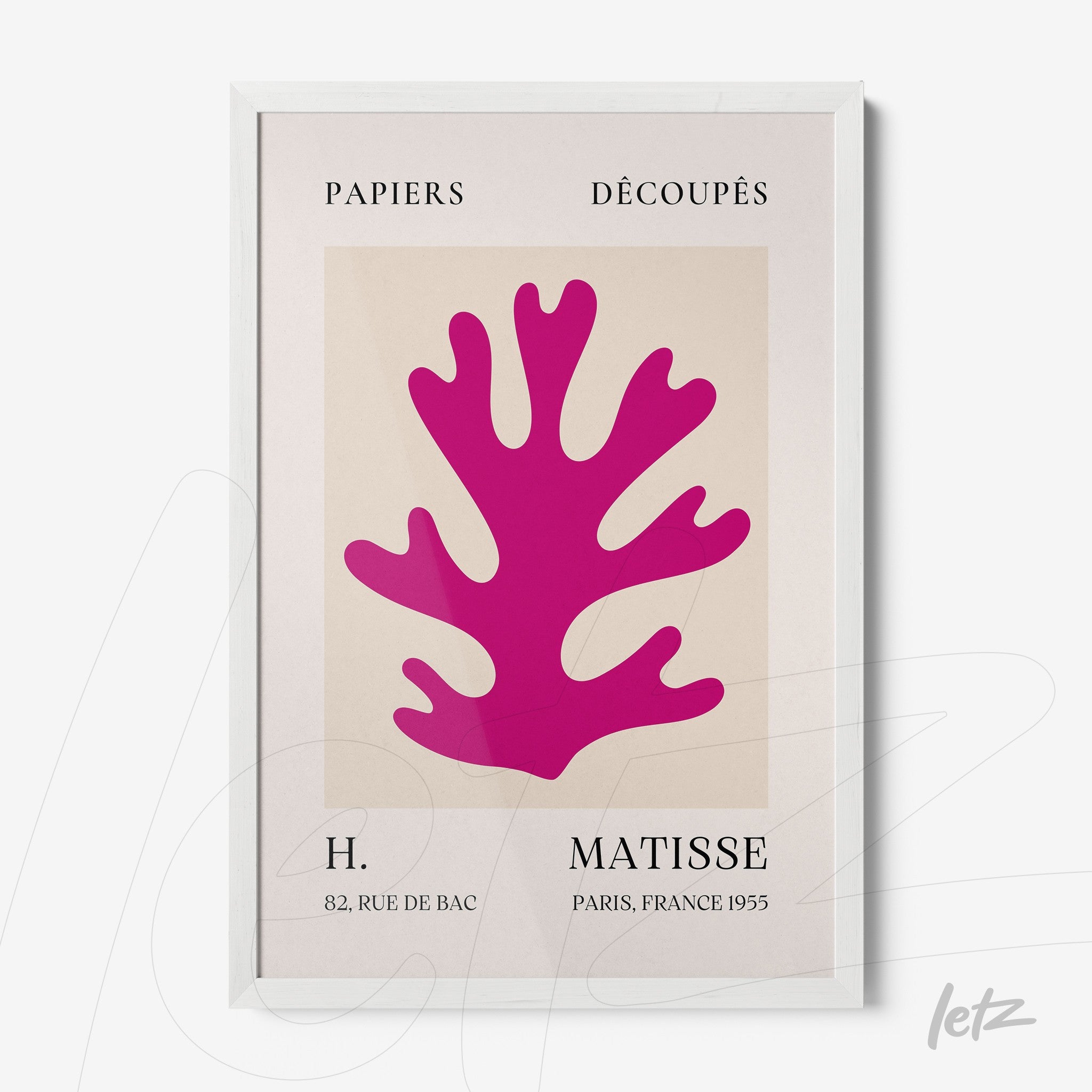 framed modern art print featuring coral design in bright pink on light background