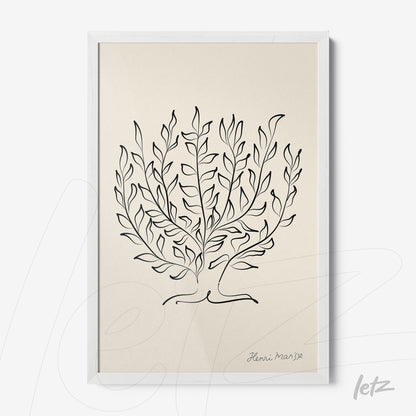 minimalist framed artwork of leaf outlines in black on a light background