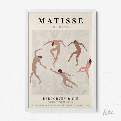 framed wall art inspired by Matisse featuring abstract dancers in a light pink background with white frame