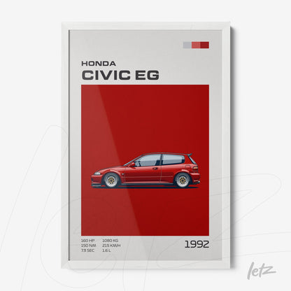 framed wall art featuring digital illustration of Honda Civic EG 1992 on red background with white frame