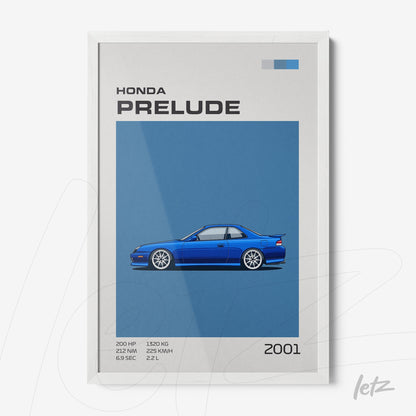 framed artwork featuring a stylized illustration of a 2001 Honda Prelude in a white frame