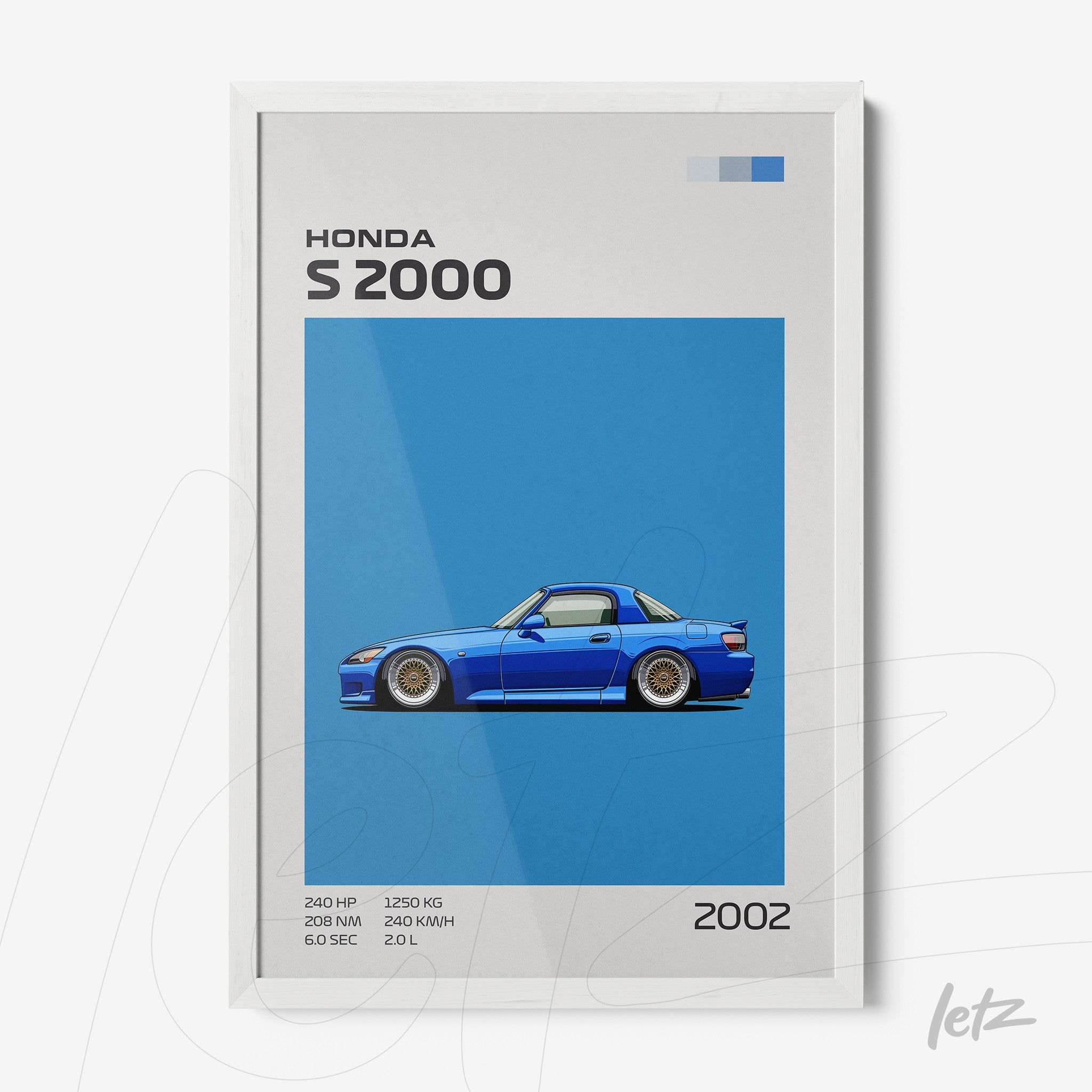 framed digital art of a Honda S2000 on a vibrant blue background with a white frame