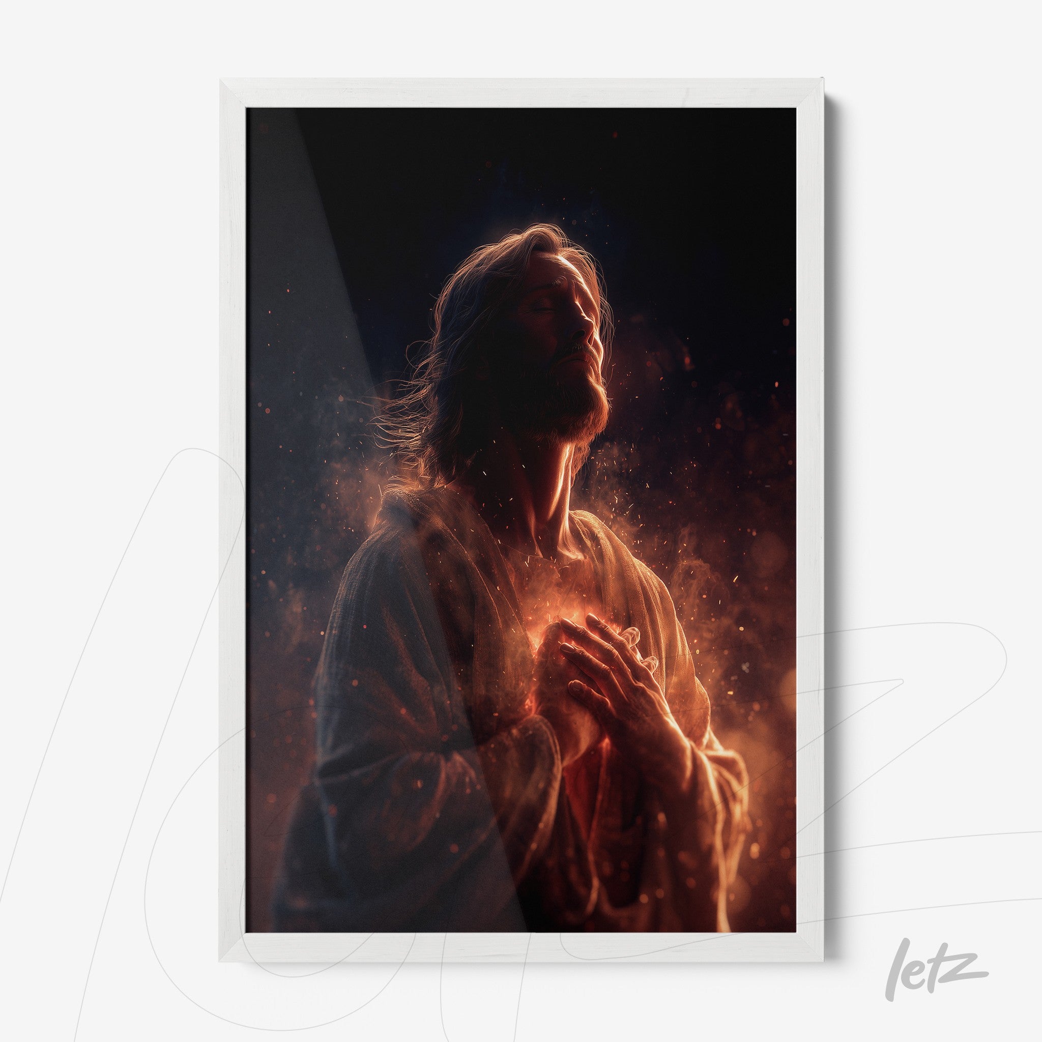 framed spiritual art of a religious figure with white frame