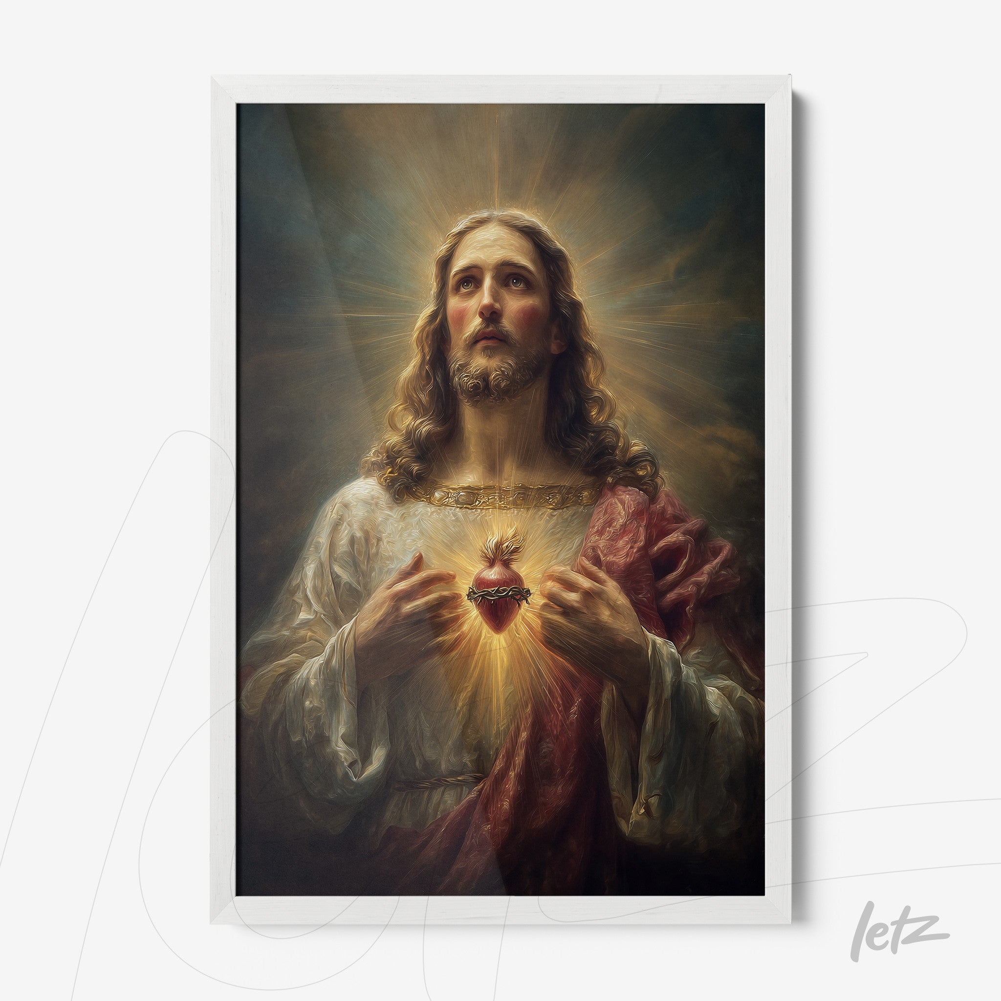 framed art featuring jesus christ with sacred heart in white frame
