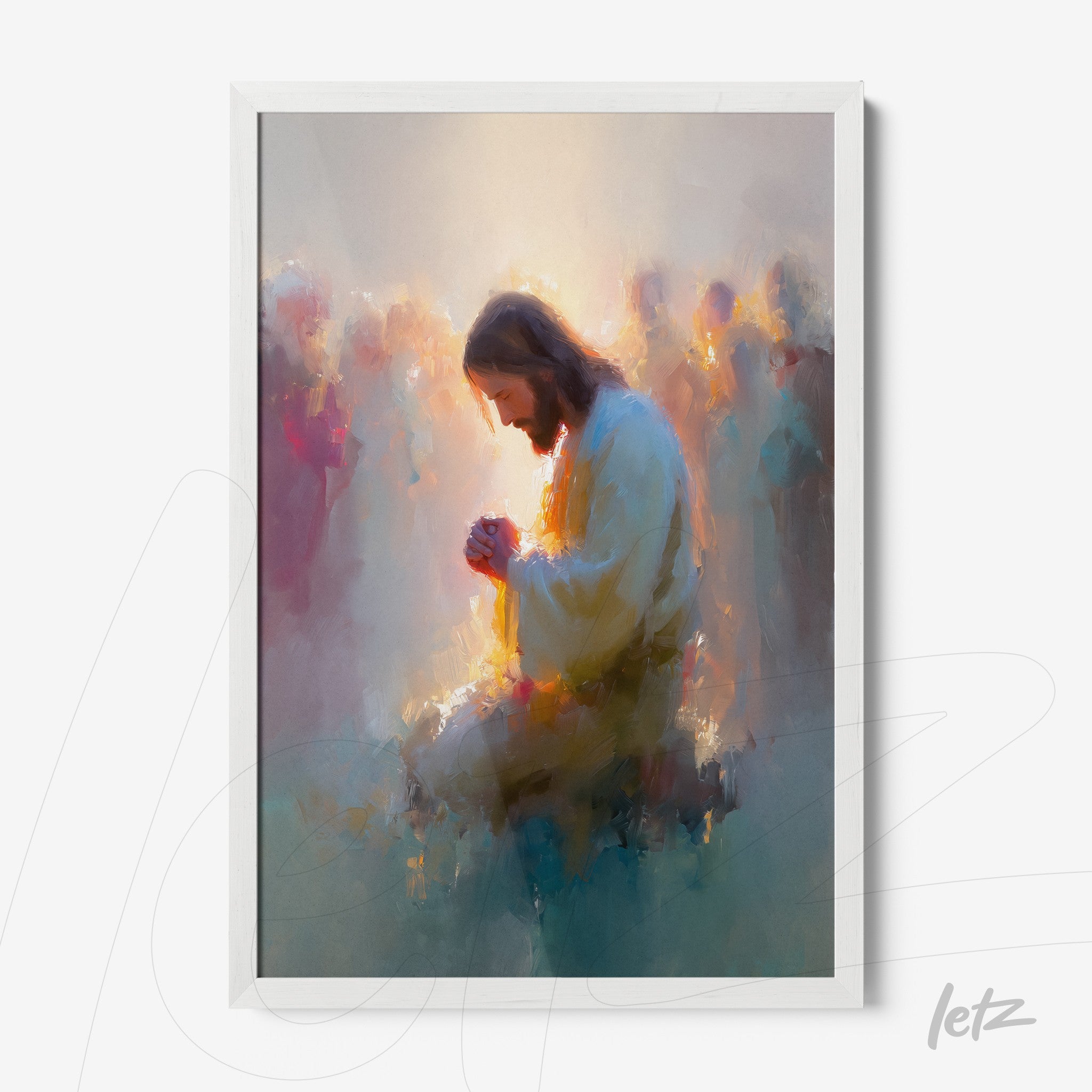 framed digital artwork of Jesus in prayer with a soft pastel background and white frame