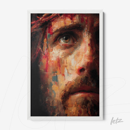 framed wall art featuring an artistic portrait of a man with an intense expression in white frame