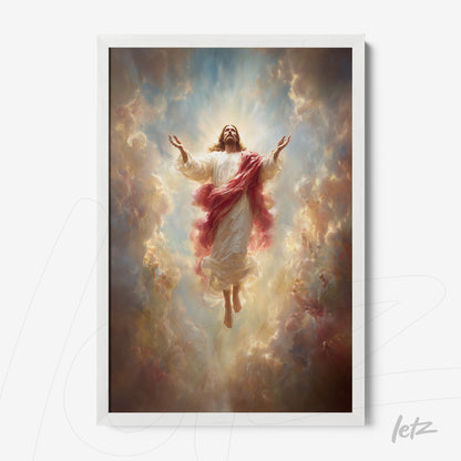 framed artwork depicting Jesus ascending among luminous clouds and a sky in shades of blue and gold