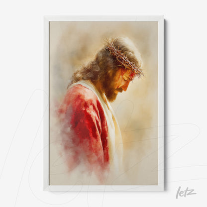 framed artwork depicting Jesus Christ with a crown of thorns in a white frame