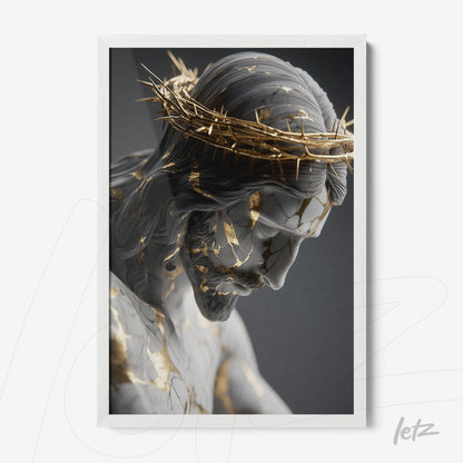framed artwork featuring a religious sculpture of Christ with thorn crown and gold accents in a white frame