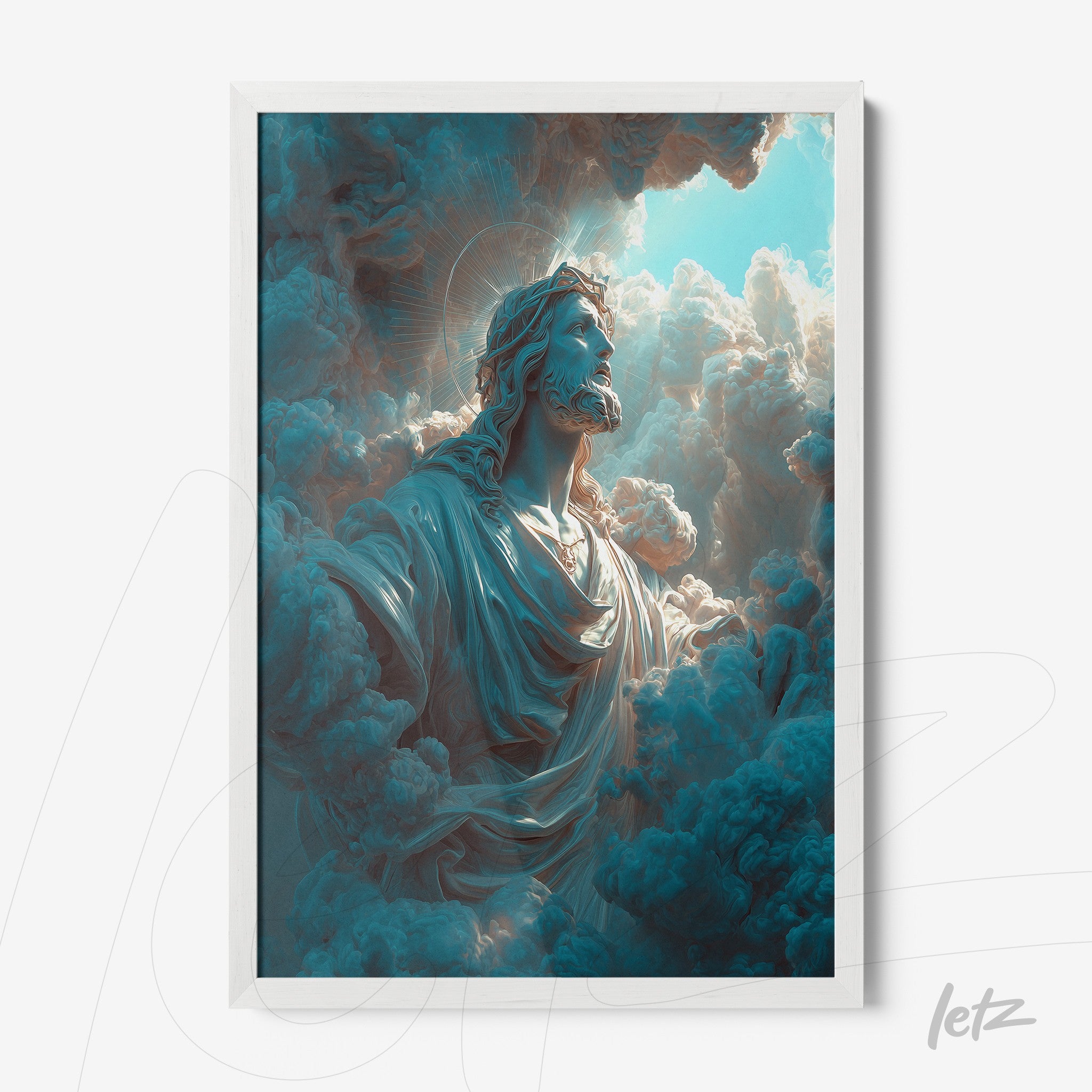framed digital artwork of a celestial figure surrounded by voluminous clouds in a white frame
