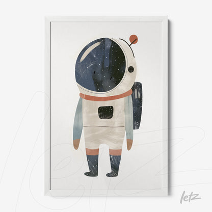 framed art featuring a cute astronaut in a space suit with a starry background and white frame