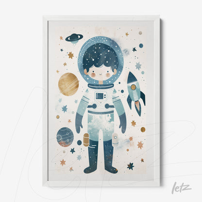 framed wall art featuring a children's illustration of an astronaut with planets and a rocket against a space background