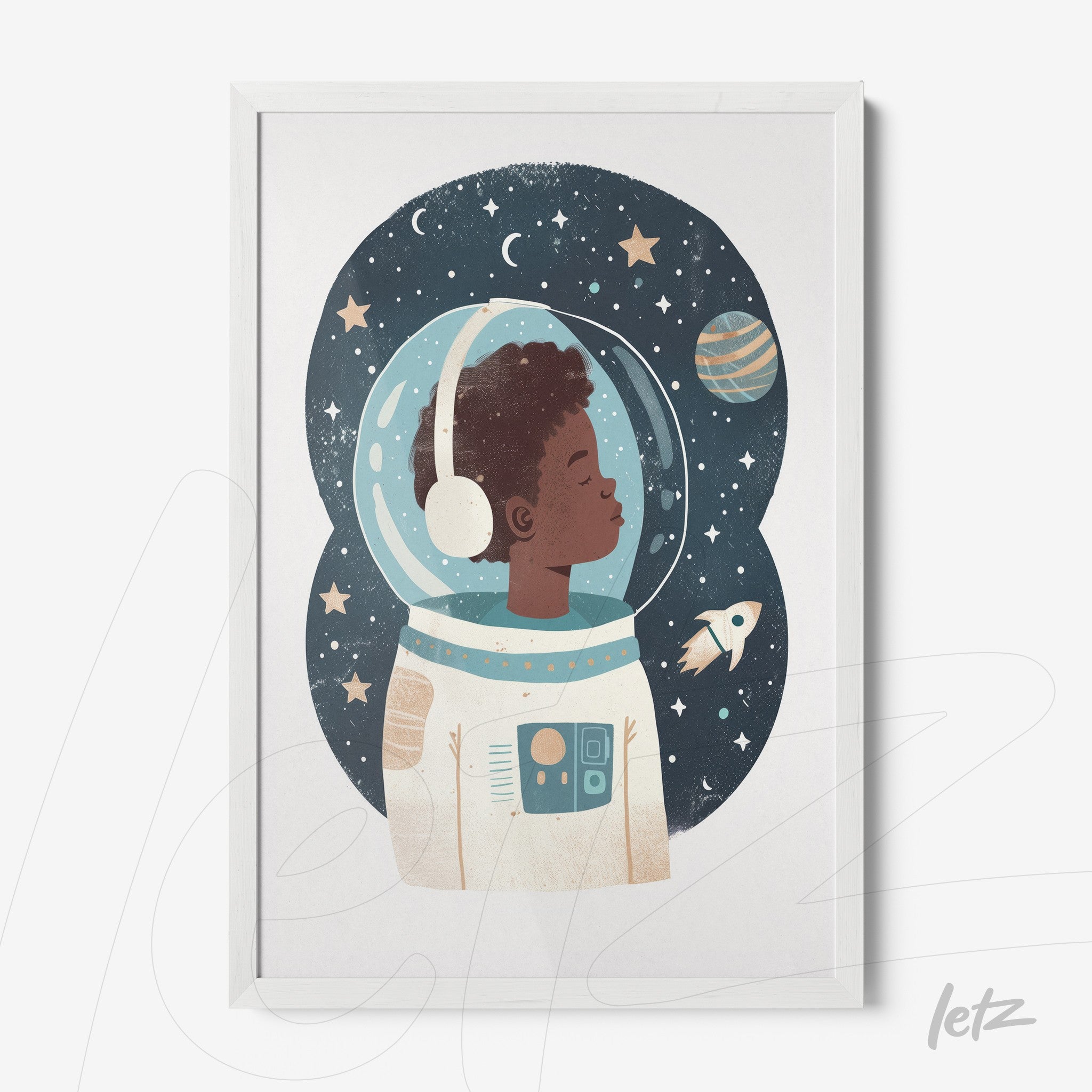framed illustration of a young astronaut with a starry background