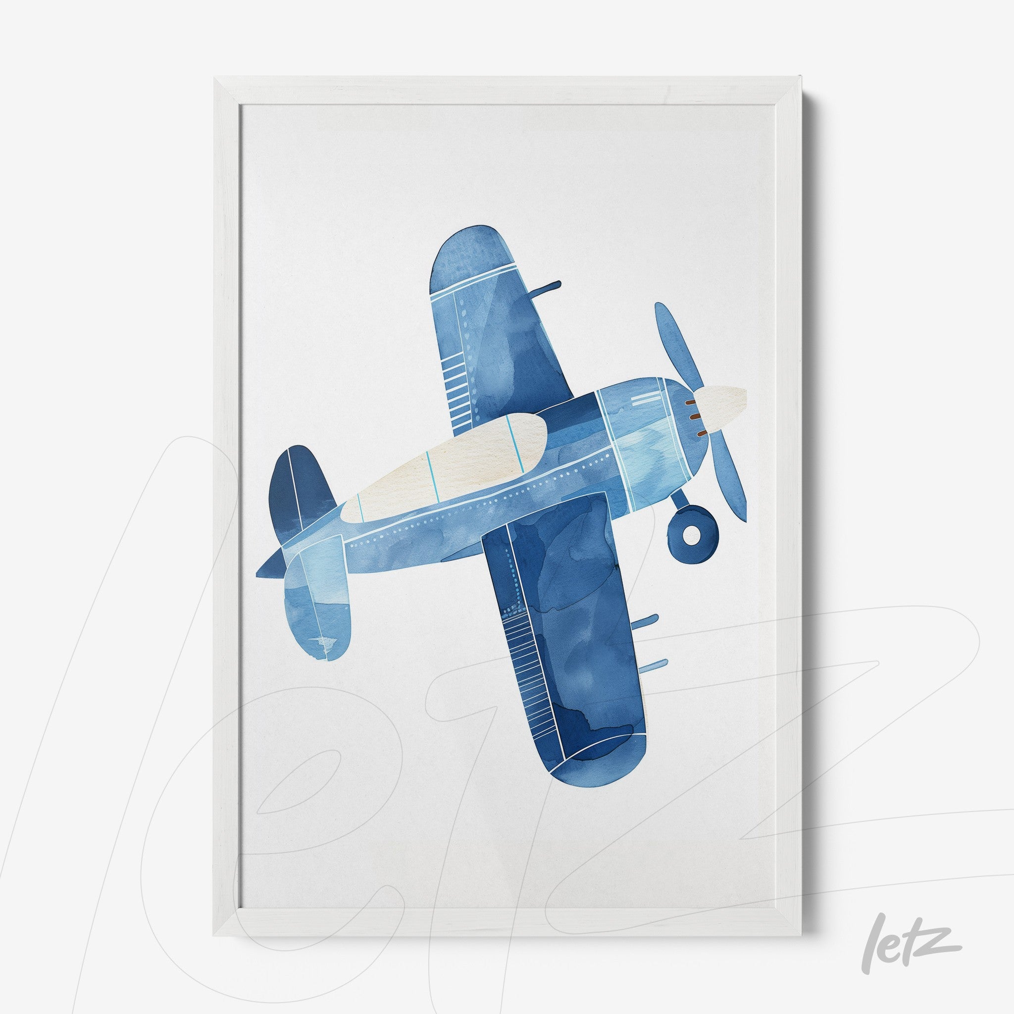 framed artwork featuring a watercolor illustration of a blue airplane on a white background with a white frame