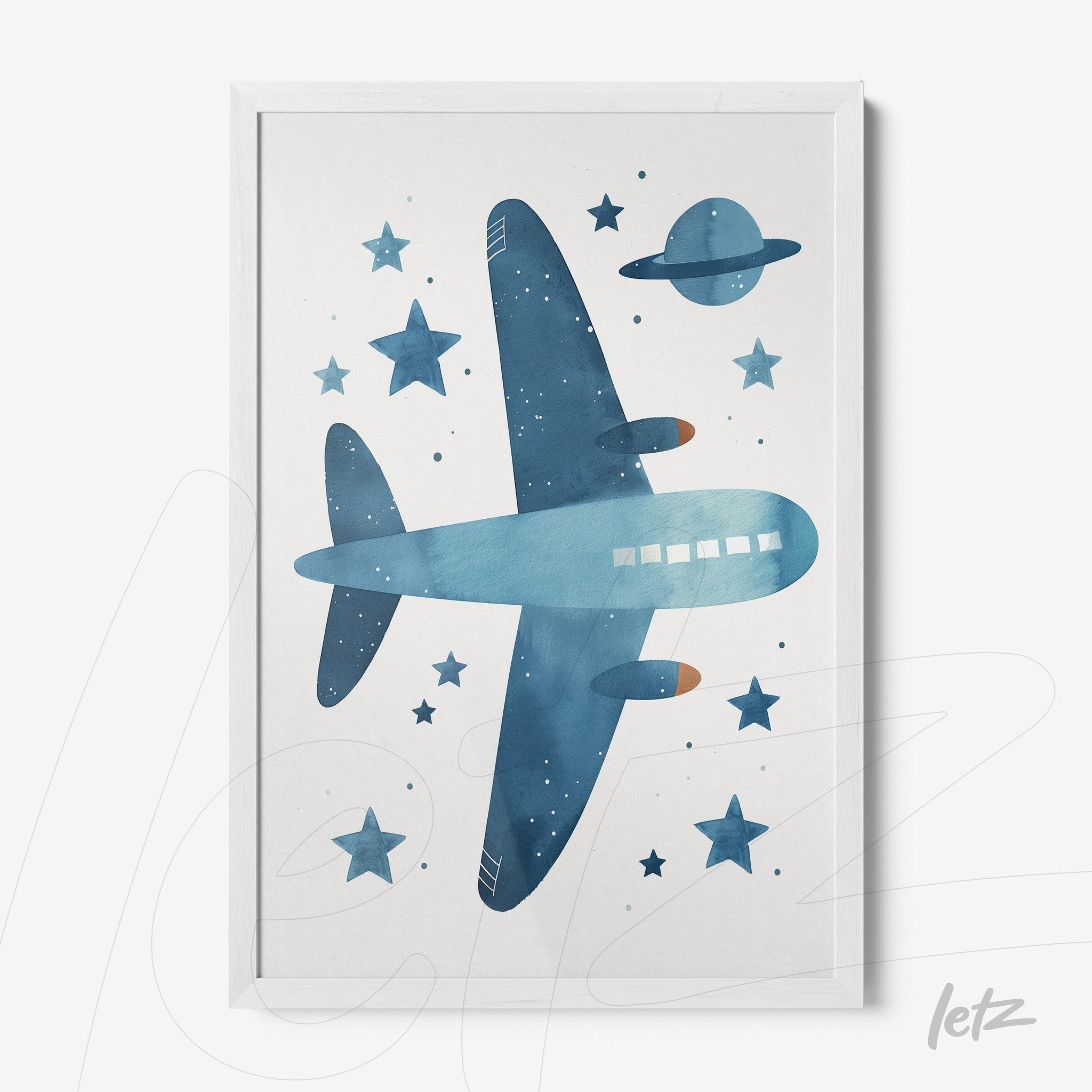 framed artwork featuring a blue airplane against a light background with stars and planet Saturn, white frame
