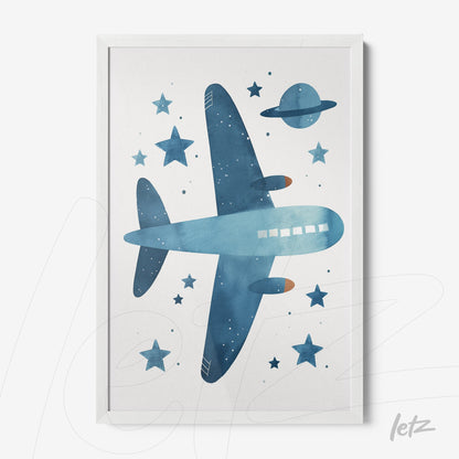 framed artwork featuring a blue airplane against a light background with stars and planet Saturn, white frame