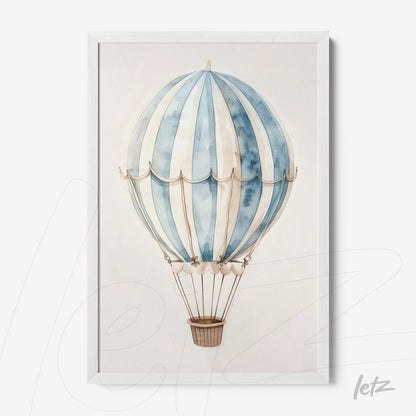 framed artwork of a hot air balloon in shades of blue and white with a white frame