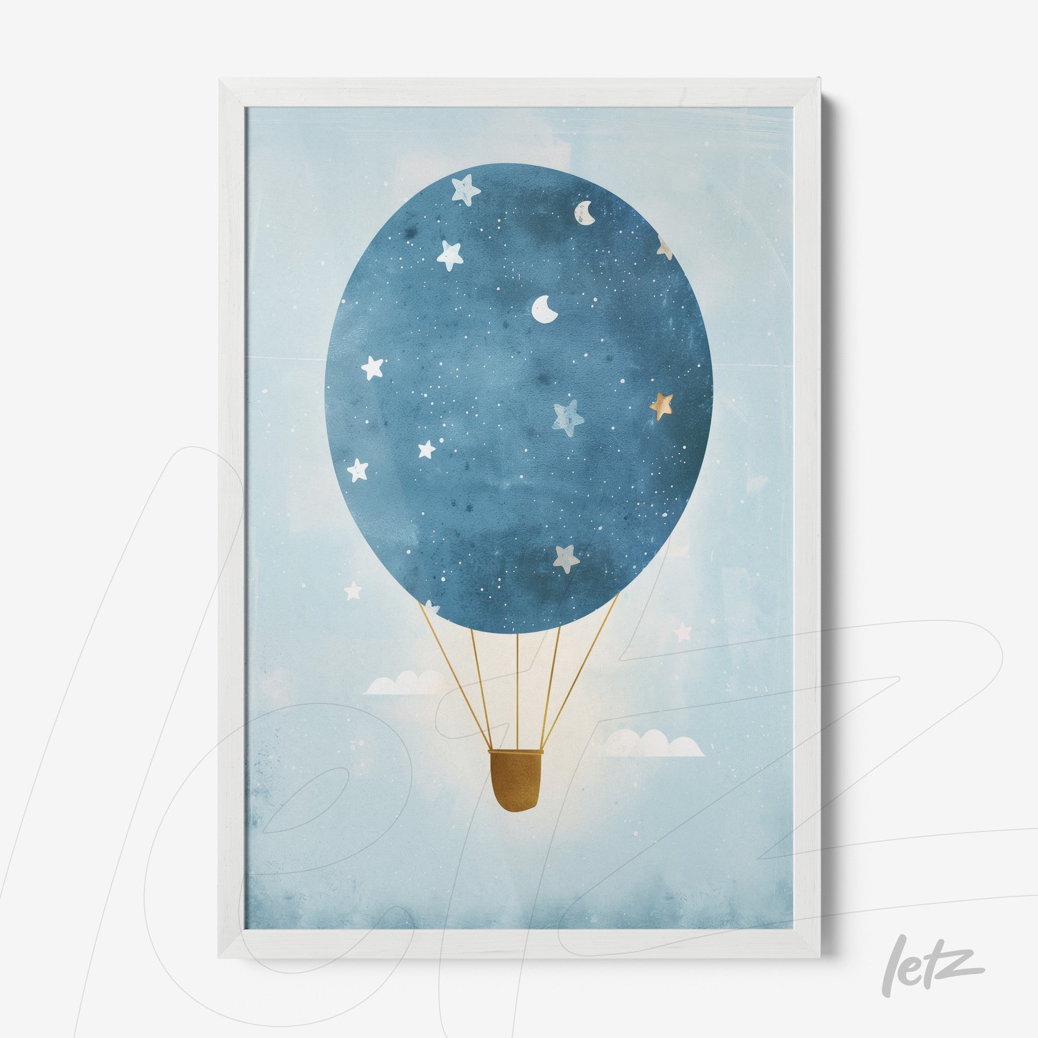 framed wall art featuring a blue hot air balloon against a starry sky with white frame