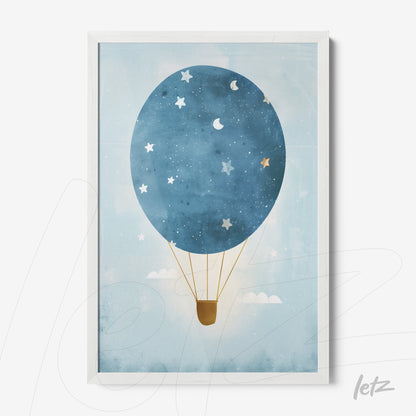 framed wall art featuring a blue hot air balloon against a starry sky with white frame
