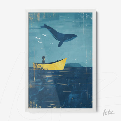framed art depicting a figure in a yellow boat watching a whale breaching the surface against a dark blue background