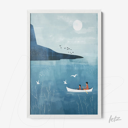 framed minimalist illustration of a couple in a boat on a blue lake with mountains in the background