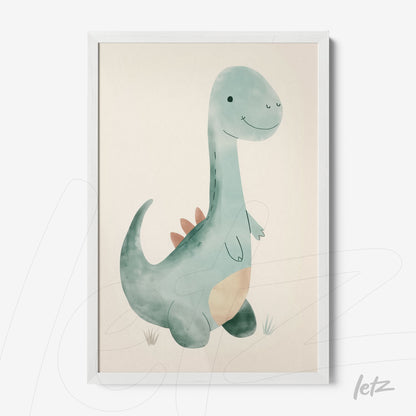 framed children's art featuring a cute dinosaur with a light blue body and a happy expression