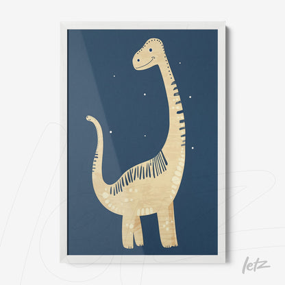 framed wall art featuring playful dinosaurs on dark blue background with white frame