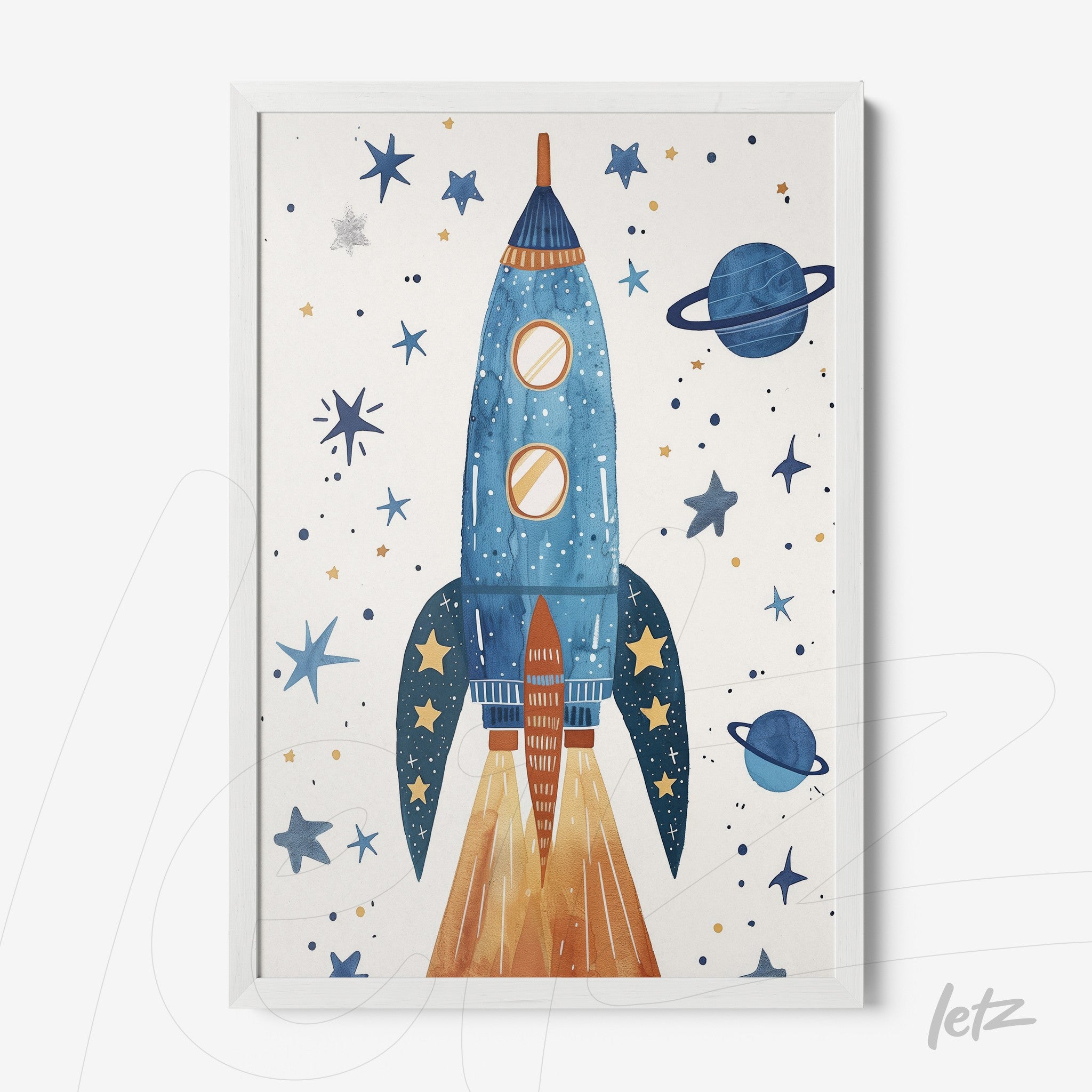 framed art featuring a blue rocket in a cosmic background with stars and planets