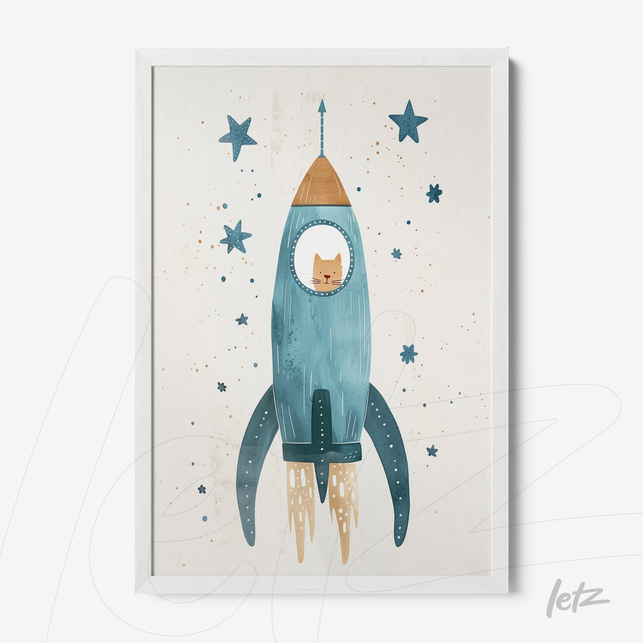 framed illustration of a blue rocket with a cat in the cockpit, surrounded by stars on a light background