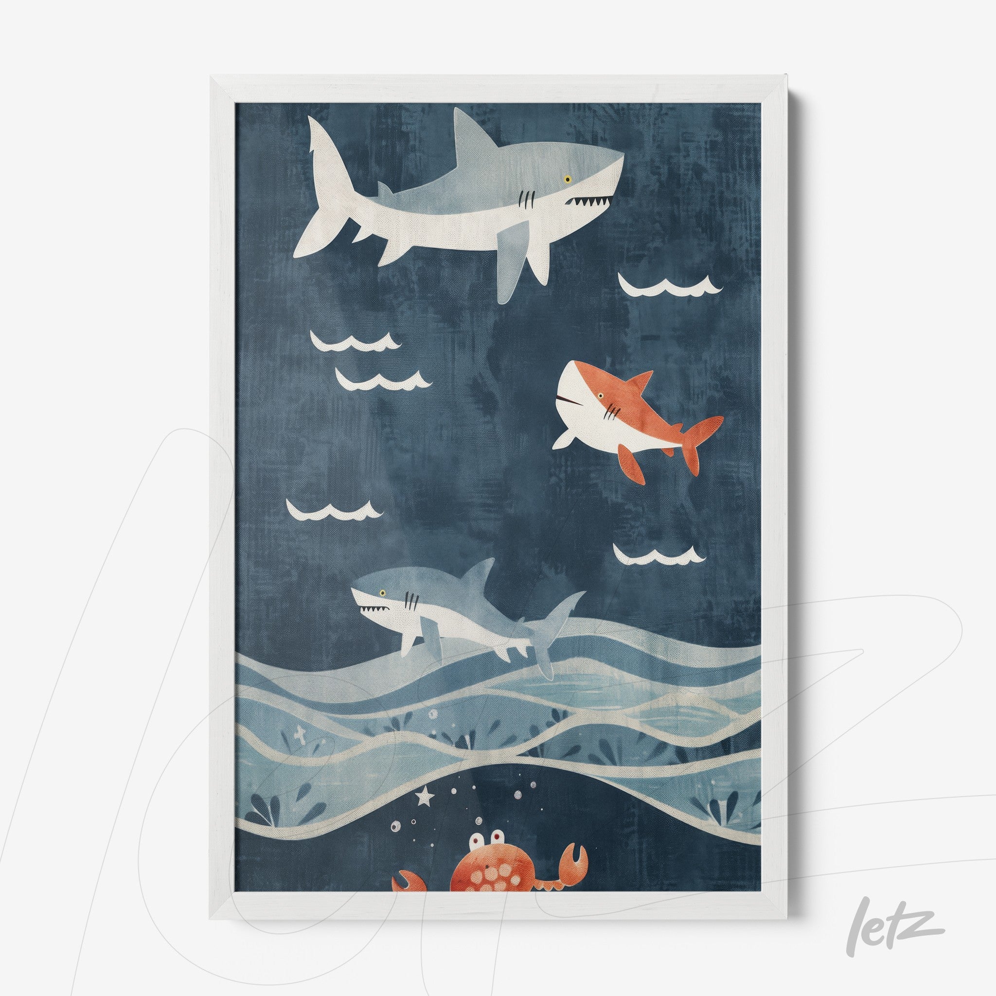 framed wall art featuring illustration of sharks swimming in dark blue background with waves and a red crab detail at the bottom