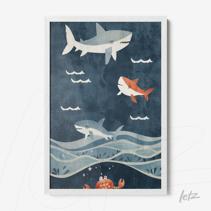 framed wall art featuring illustration of sharks swimming in dark blue background with waves and a red crab detail at the bottom