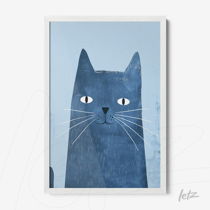 framed artwork of a stylized blue cat with a white frame