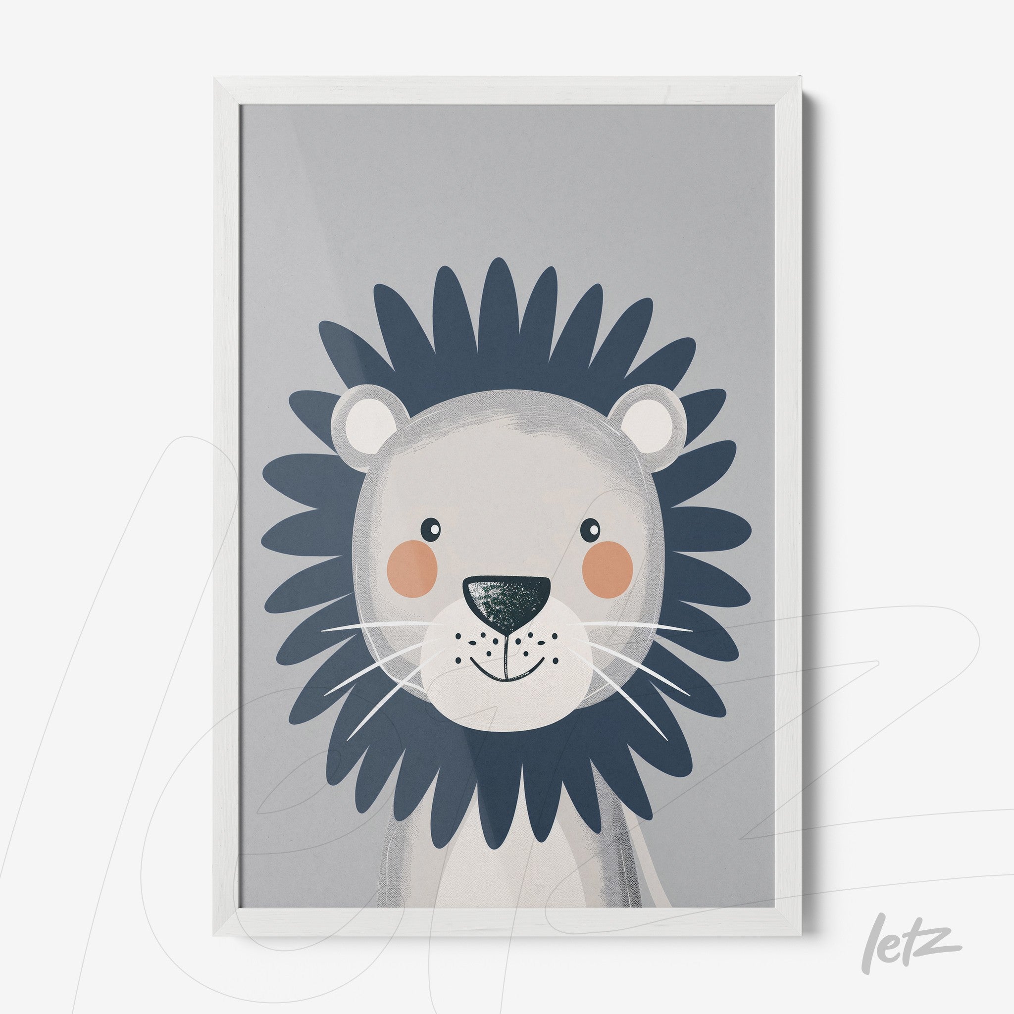 framed artwork featuring a stylized lion illustration with a white frame and soft gray background