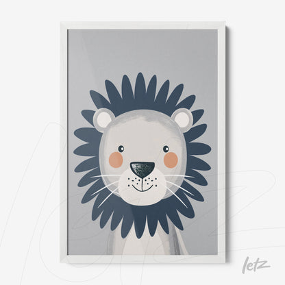 framed artwork featuring a stylized lion illustration with a white frame and soft gray background