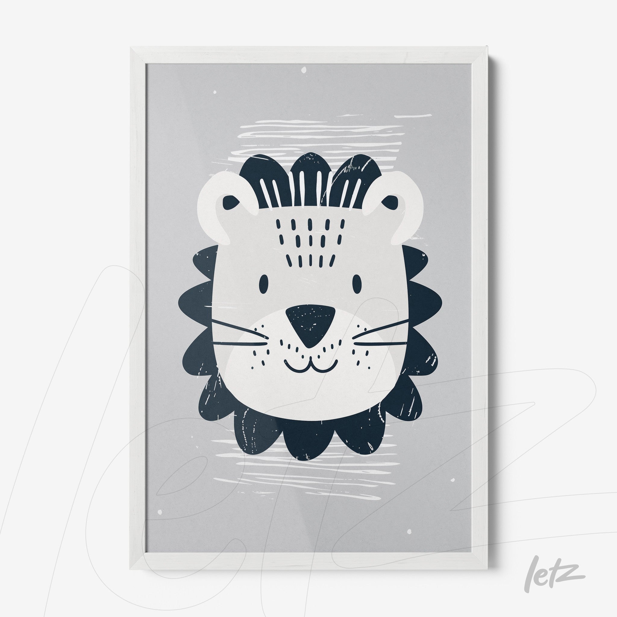 framed wall art featuring a playful lion illustration on a gray background