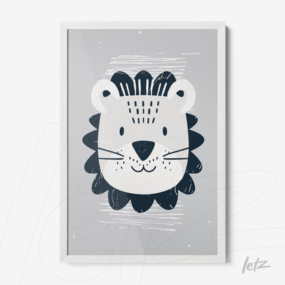 framed wall art featuring a playful lion illustration on a gray background