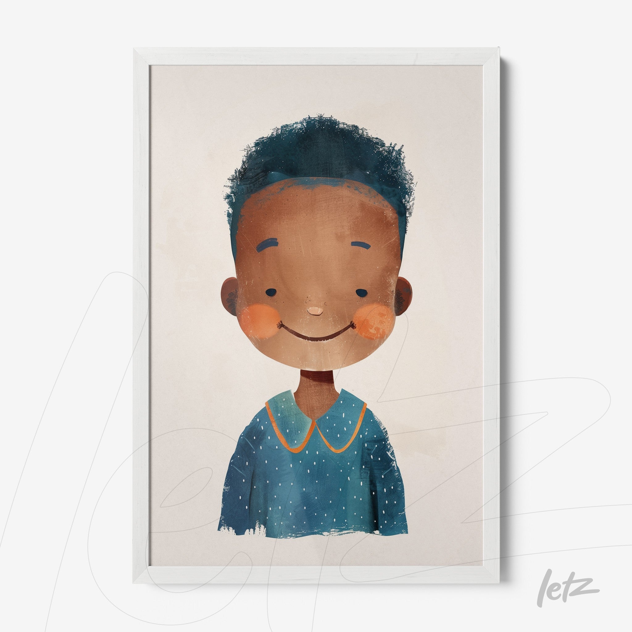 framed portrait illustration of a child with curly hair and blue clothing
