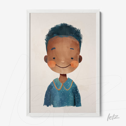 framed portrait illustration of a child with curly hair and blue clothing