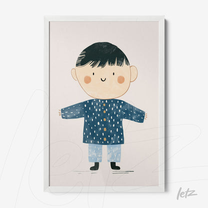 framed wall art featuring a cheerful boy illustration wearing a blue coat with a white background