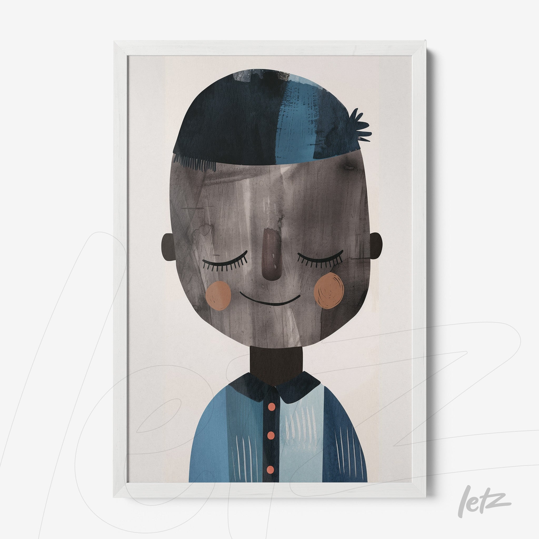 framed art featuring a smiling character in shades of blue and gray with a white frame