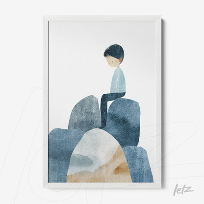 framed wall art featuring a child illustration sitting on rocks in a white frame