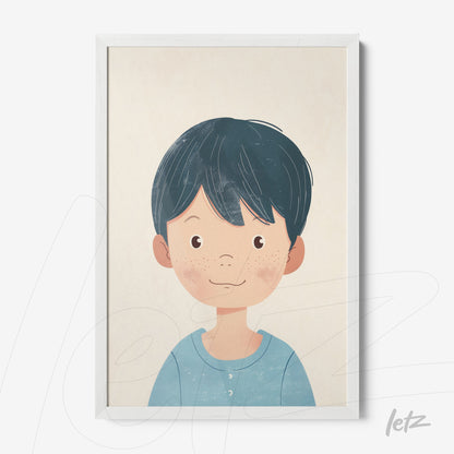 framed illustration of a smiling boy with dark straight hair and a white frame