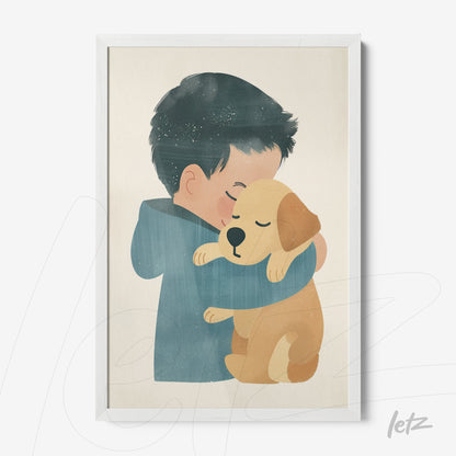 framed digital illustration of a boy hugging a puppy with a white frame