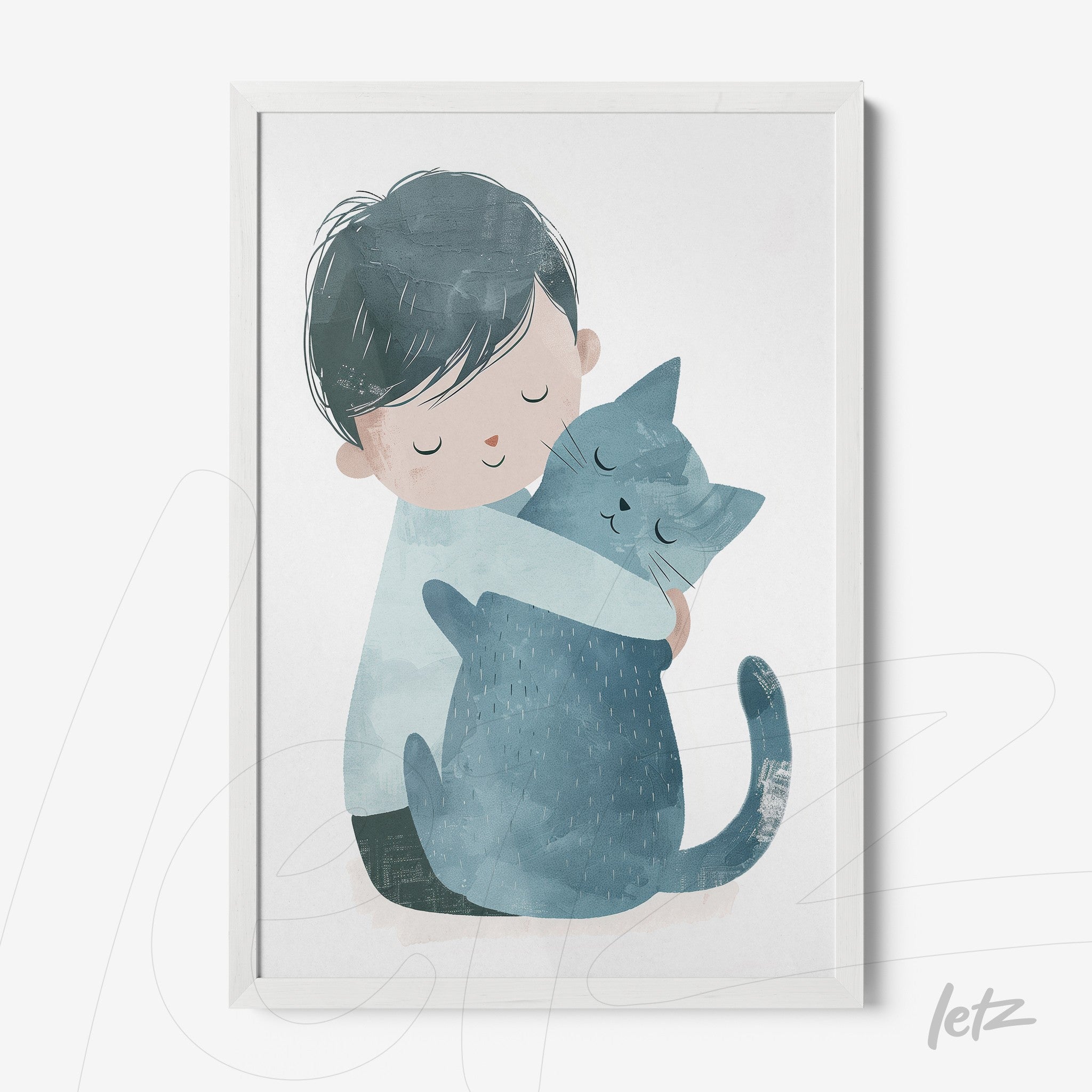 framed artwork of a child hugging a blue cat in a white frame