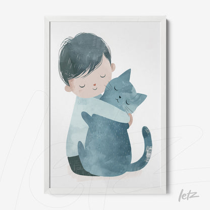 framed artwork of a child hugging a blue cat in a white frame