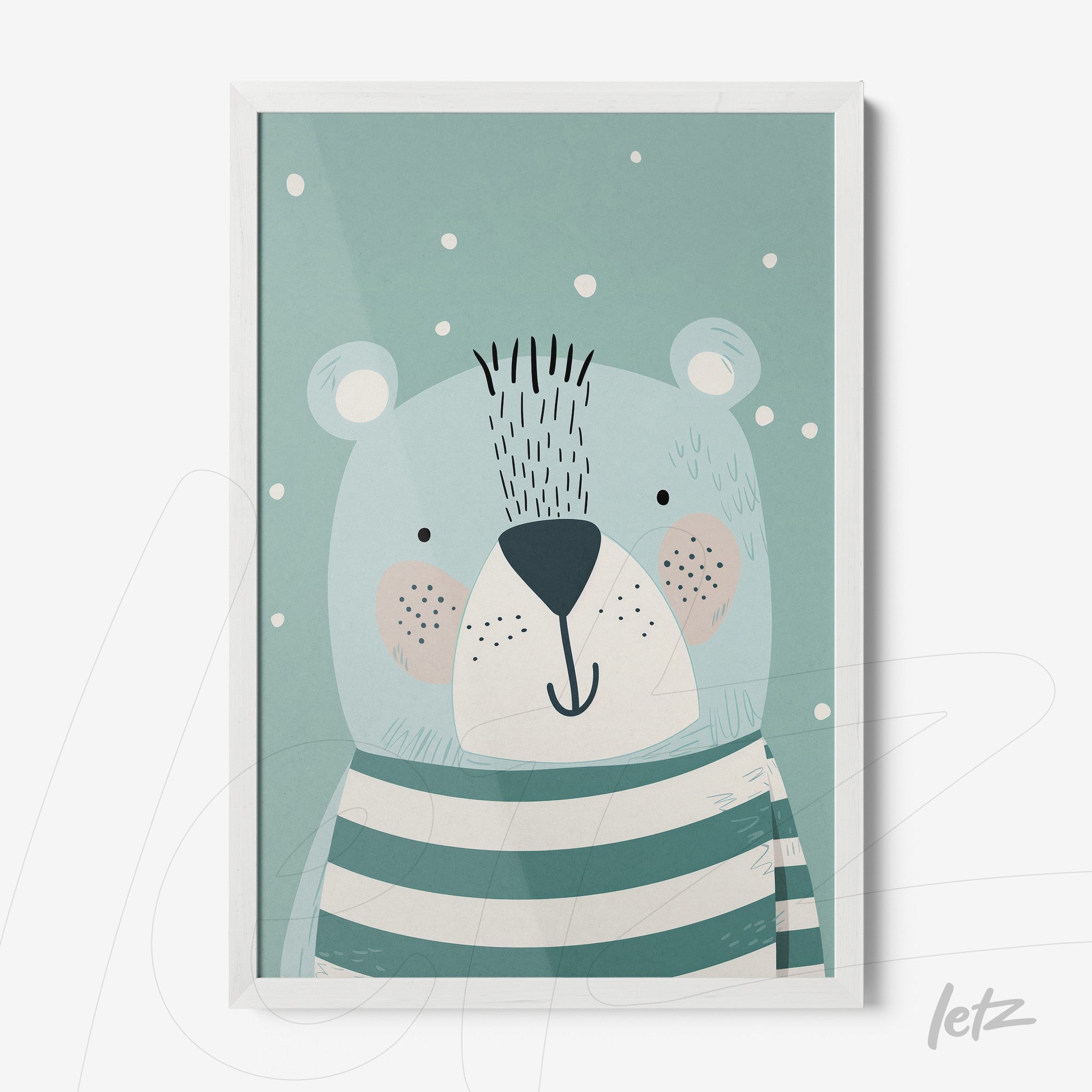 framed wall art featuring a children's illustration of a striped bear against a light blue background