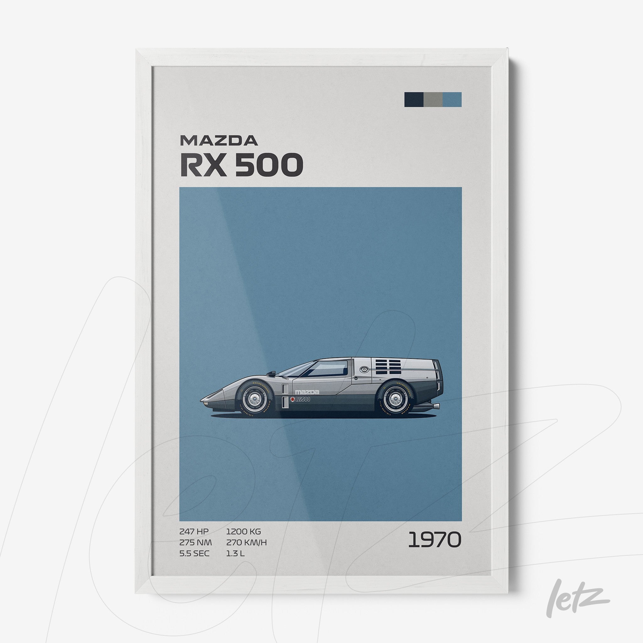 framed wall art featuring the Mazda RX 500 car illustration with white frame, blue background and visible technical details