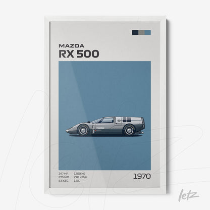 framed wall art featuring the Mazda RX 500 car illustration with white frame, blue background and visible technical details
