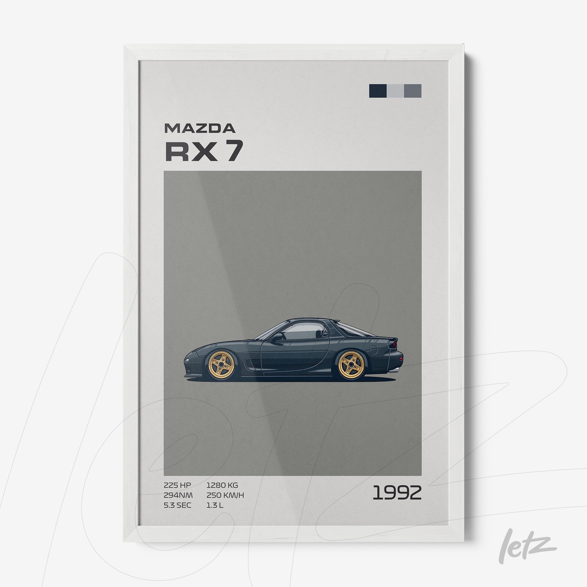 framed art depicting a stylized Mazda RX 7 in white frame