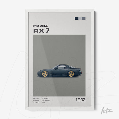 framed art depicting a stylized Mazda RX 7 in white frame